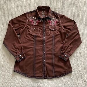 Vintage 2000s brown and pink western button up with rhinestones and embroidery